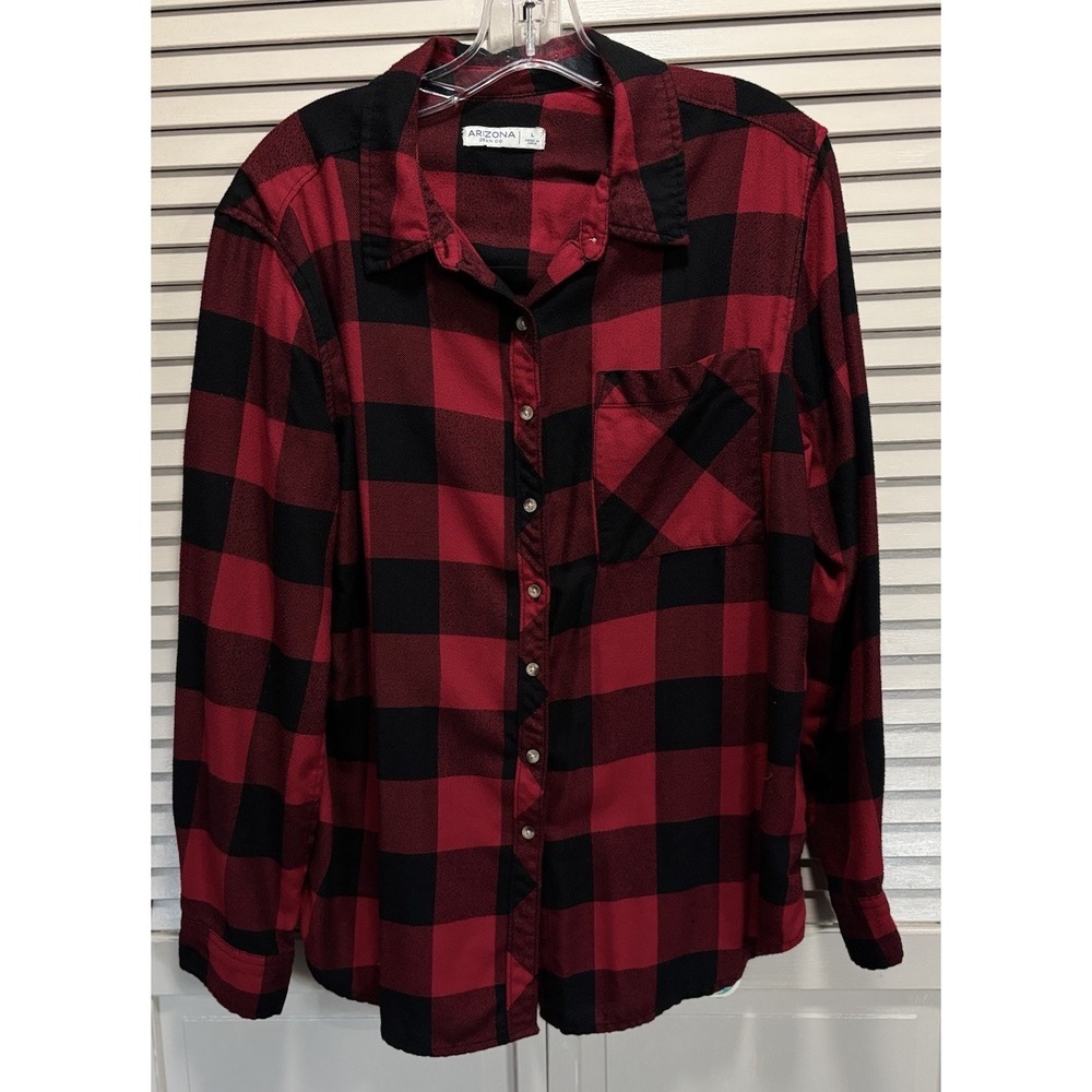 Arizona Jean Co Flannel Red/Black Button Up Long Sleeve Shirt Size L Soft‎ Warm